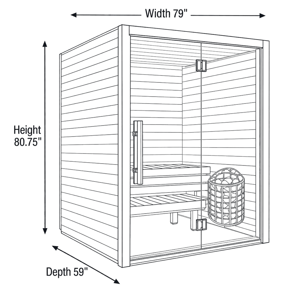 2 - 4 Person Indoor Sauna Auroom Cala Glass dimensions diagram