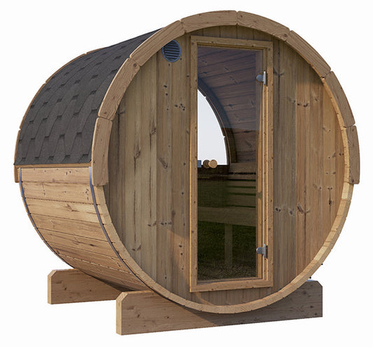 4 Person Barrel Sauna with rear half-moon window and ergonomic benches outdoors