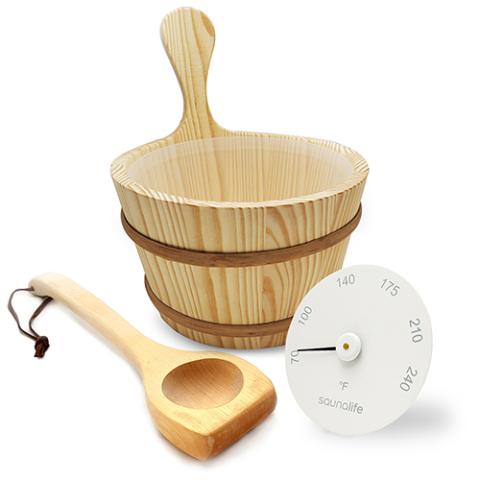Wooden 1-Gallon Sauna Bucket Set with Wood Ladle and Thermometer