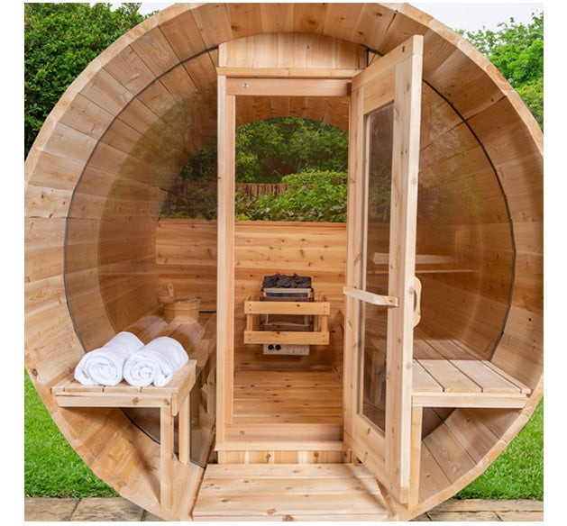 Panoramic Barrel Sauna, 4 Person Canadian Timber Sauna, Personal Home Sauna