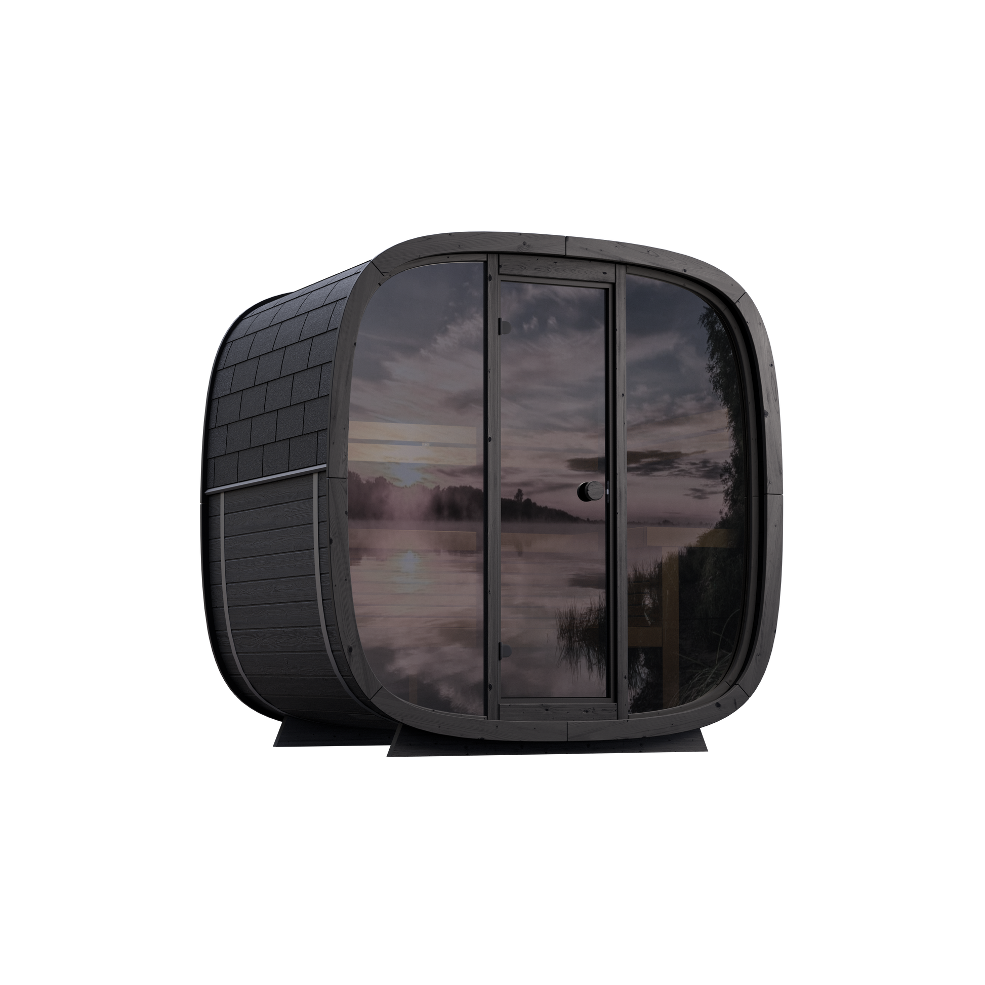 Compact 4 person outdoor sauna Leil Black Cube Classic with dark exterior and modern design