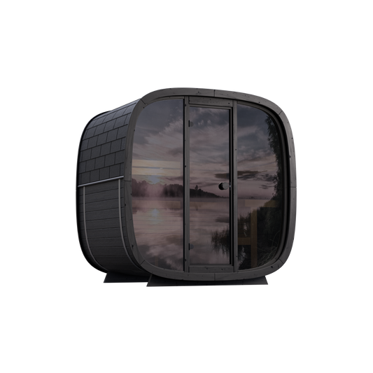 Compact 4 person outdoor sauna Leil Black Cube Classic with dark exterior and modern design