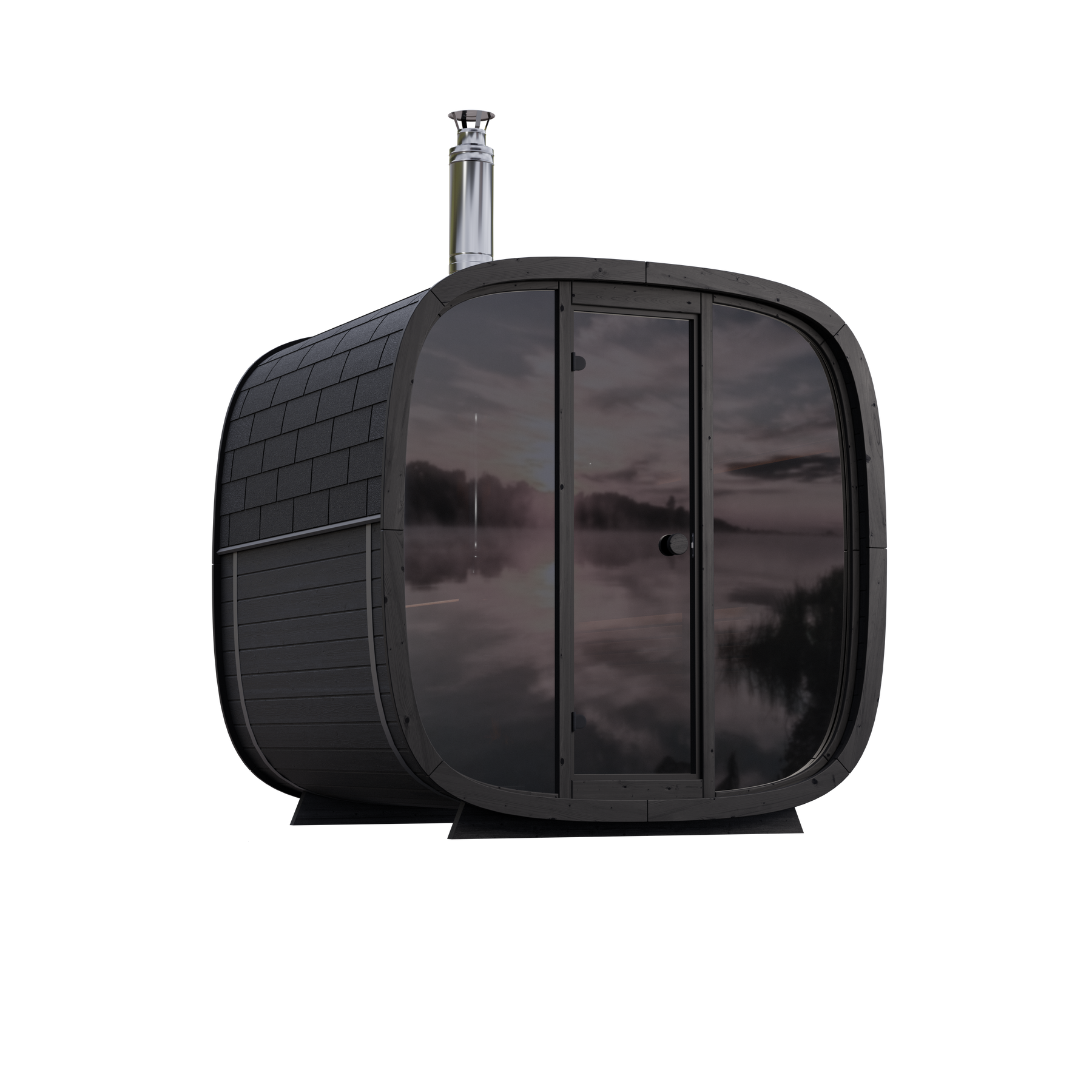 6 Person Outdoor Sauna Leil Black Cube Comfort with black-tinted glass and opposing benches