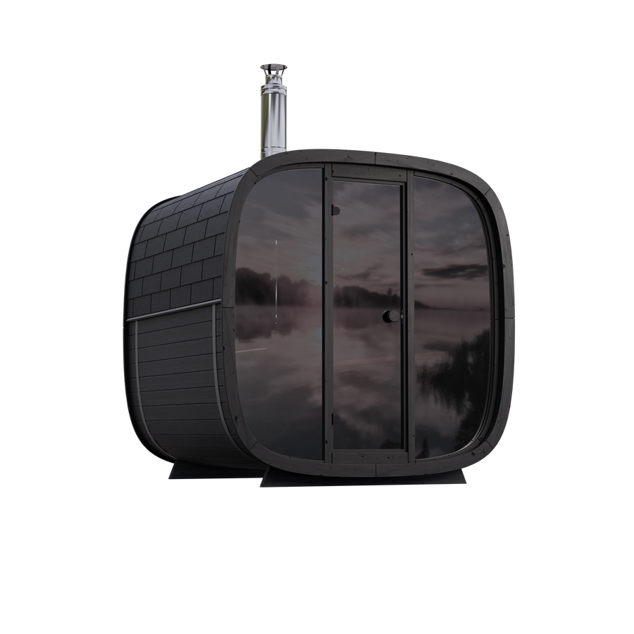 6 Person Outdoor Sauna Leil Black Cube Comfort with black-tinted glass and opposing benches
