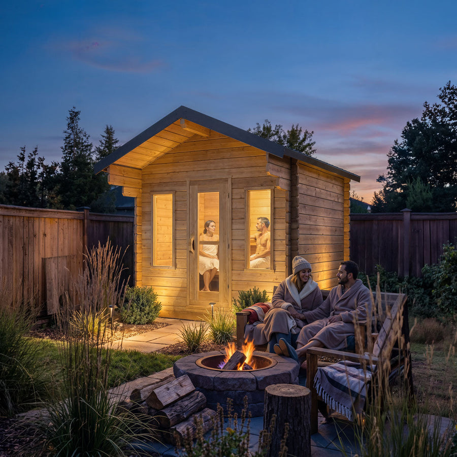 4 Person CT Palmer Cabin Sauna made of Eastern White Cedar with black steel roof and front windows