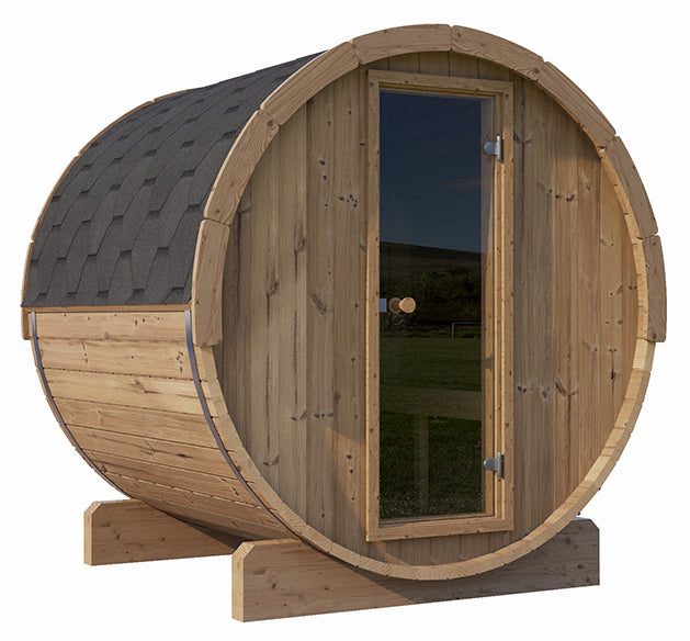 4 person barrel sauna ERGO-Series outdoor wooden sauna with ergonomic benches and LED lighting