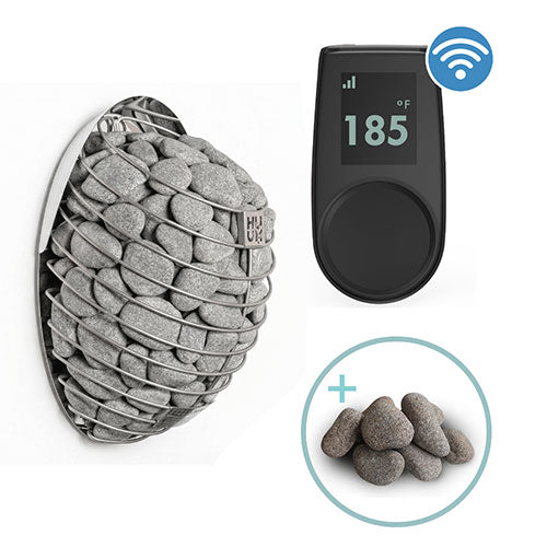 HUUM Drop 7.5kW Heater, HUUM UKU WiFi Control, and Stones