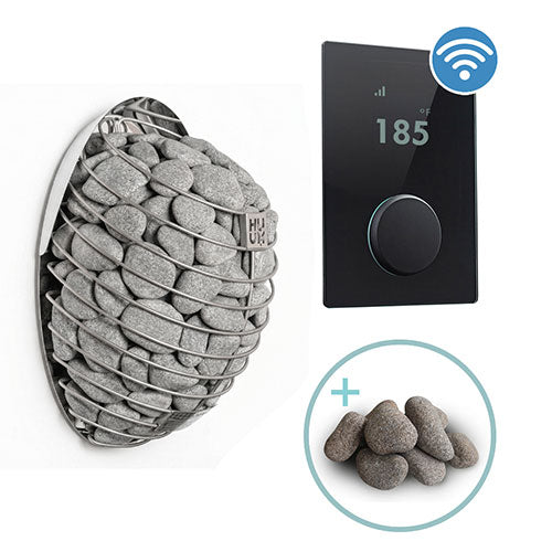 HUUM Drop 9kW Heater, HUUM UKU Black Glass WiFi Control, and Stones