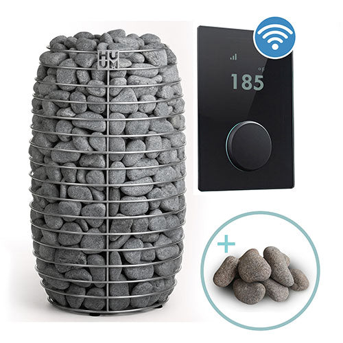HUUM Hive Mini 10.6kW Heater, HUUM UKU Black Glass Wi-Fi Control, and Stones