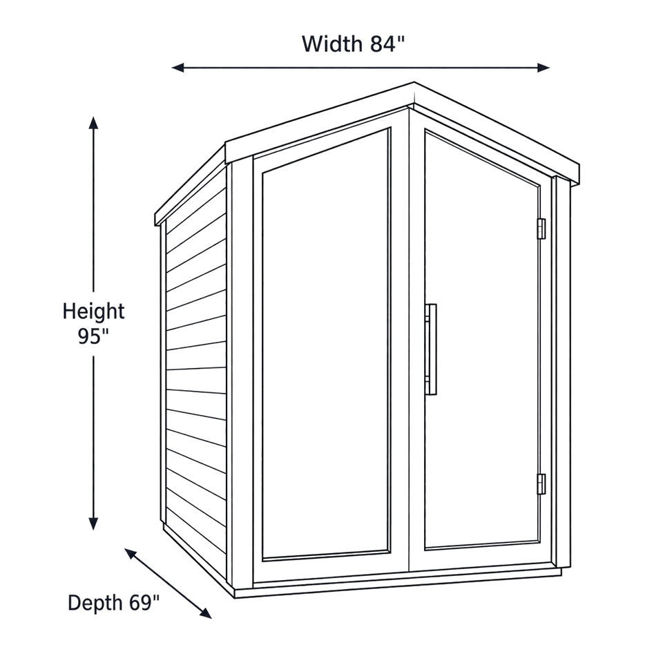 6 Person Hybrid Sauna (PureTech™ Full Spectrum IR or Traditional Stove) Outdoor Sauna - Kaskinen dimensions diagram