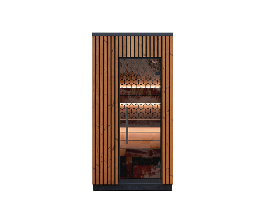 Compact 1 person outdoor sauna Viva 120 with modern design and Thermowood interior