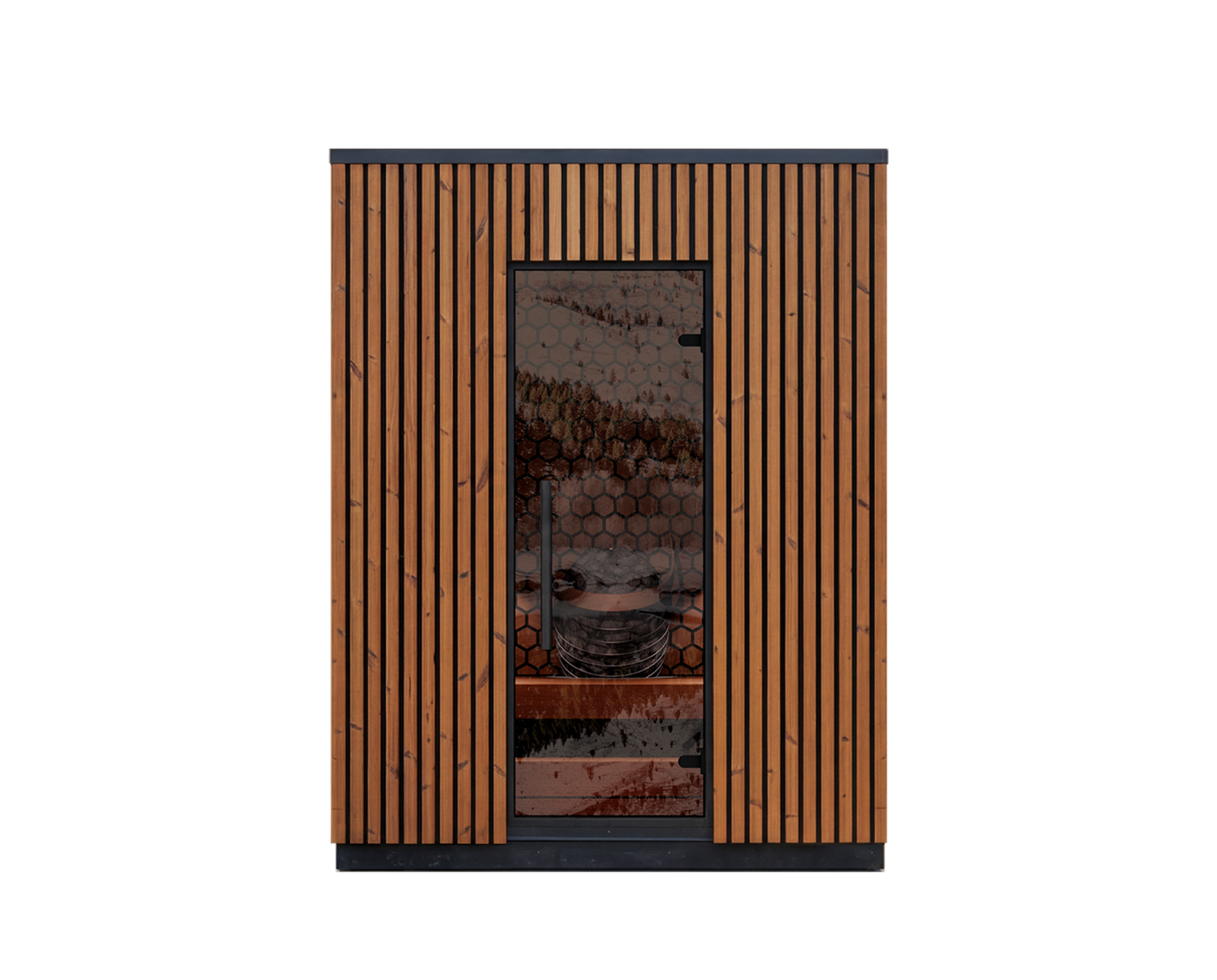 4 Person outdoor sauna Leil Viva 180 with face-to-face benches and back wall heater for social use