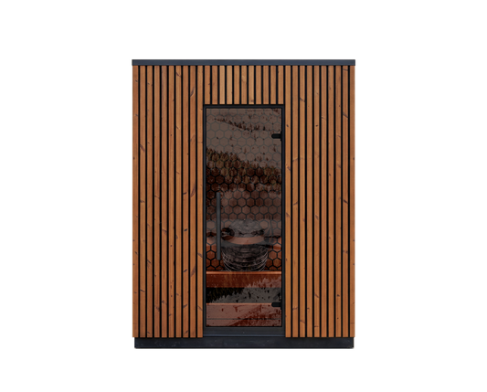 4 Person outdoor sauna Leil Viva 180 with face-to-face benches and back wall heater for social use