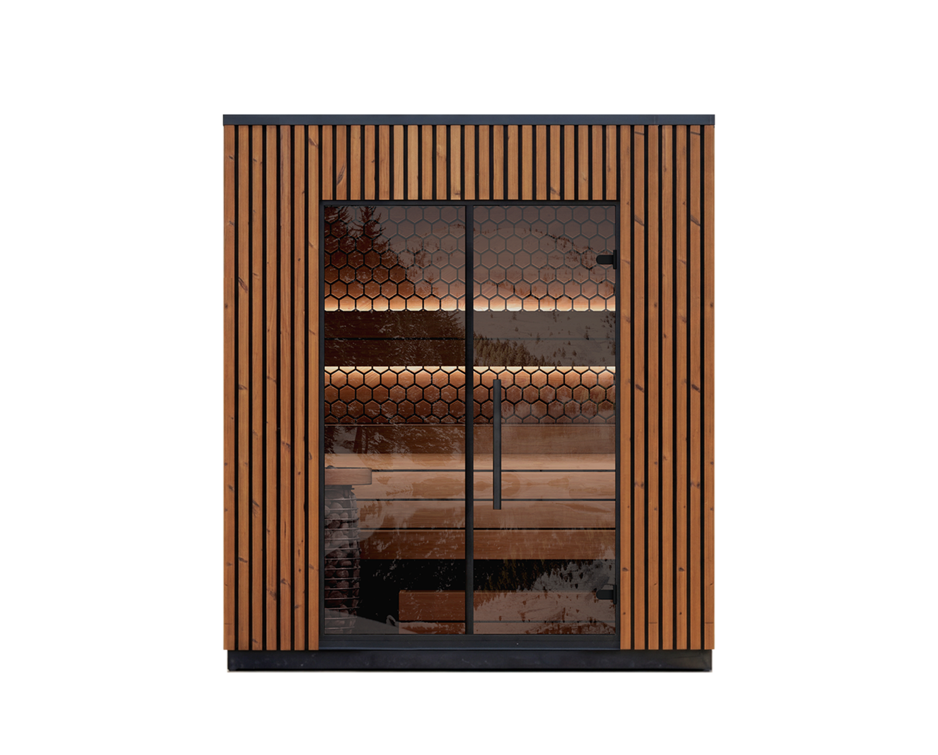 3 person outdoor sauna Leil Viva 210 with Thermowood structure and tempered glass door
