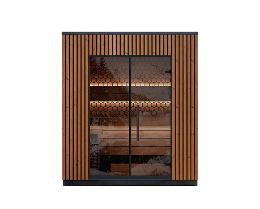 3 person outdoor sauna Leil Viva 210 with Thermowood structure and tempered glass door