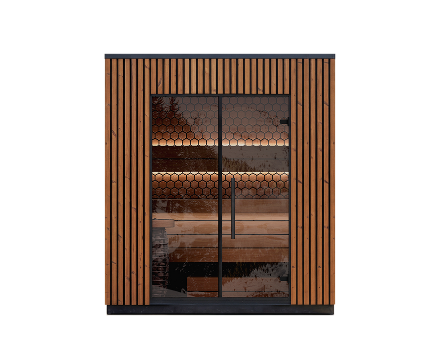 3 person outdoor sauna Leil Viva 210 with Thermowood structure and tempered glass door