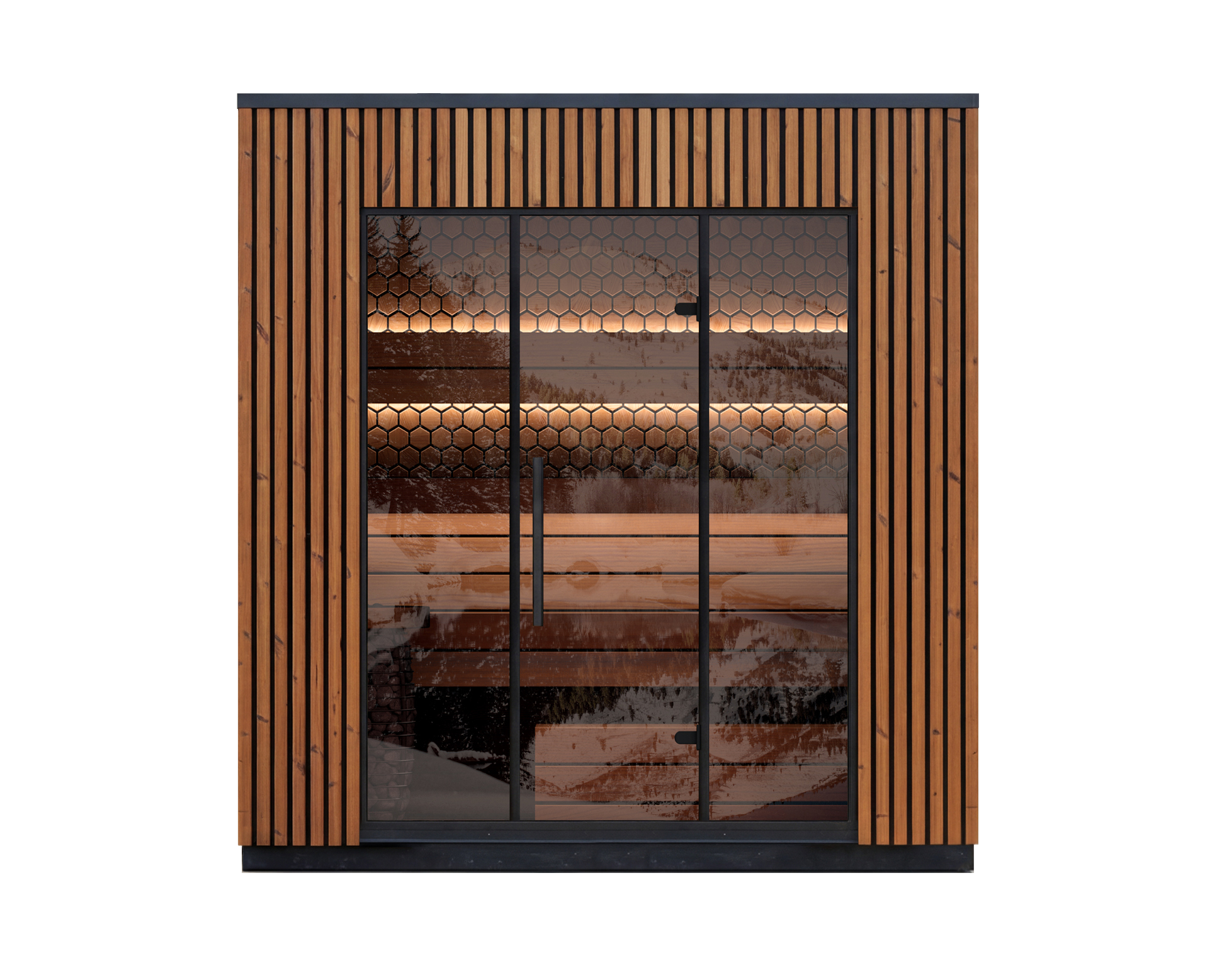 4 Person Outdoor Sauna Leil Viva 250 with spacious Thermowood design and bronze glass front