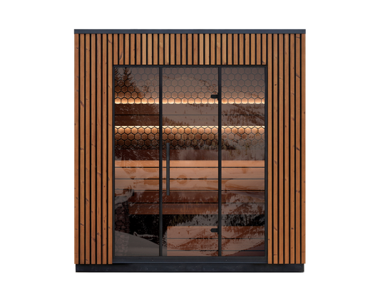 4 Person Outdoor Sauna Leil Viva 250 with spacious Thermowood design and bronze glass front