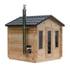 Georgian 6-person cabin sauna made of Eastern White Cedar with metal shingle roof and bronze tempered glass windows