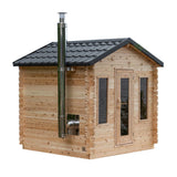 Georgian 6-person cabin sauna made of Eastern White Cedar with metal shingle roof and bronze tempered glass windows