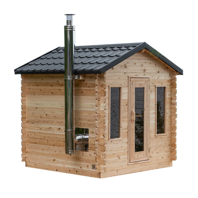 Georgian 6-person cabin sauna made of Eastern White Cedar with metal shingle roof and bronze tempered glass windows