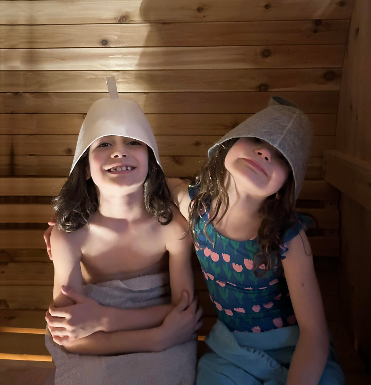 The Larios kids enjoying the family sauna