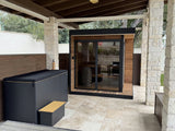 6 Person Modern Outdoor Sauna on covered patio in Texas, with Luxury Cold Plunge, GL6, Öli Saunas