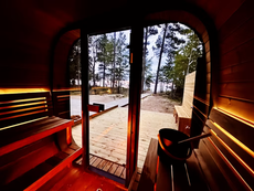 6 Person Outdoor Cube Sauna installed on a wooden deck in Texas, CL7G, Öli Saunas