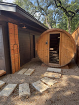 2 Person Outdoor Barrel Sauna installed on a gravel in Texas, E6, Öli Saunas