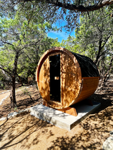 2 Person Outdoor Barrel Sauna installed on a concrete pad in Texas, E6W, Öli Saunas