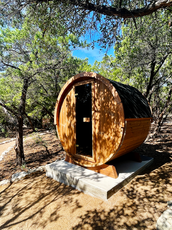 2 Person Outdoor Barrel Sauna installed on a concrete pad in Texas, E6W, Öli Saunas
