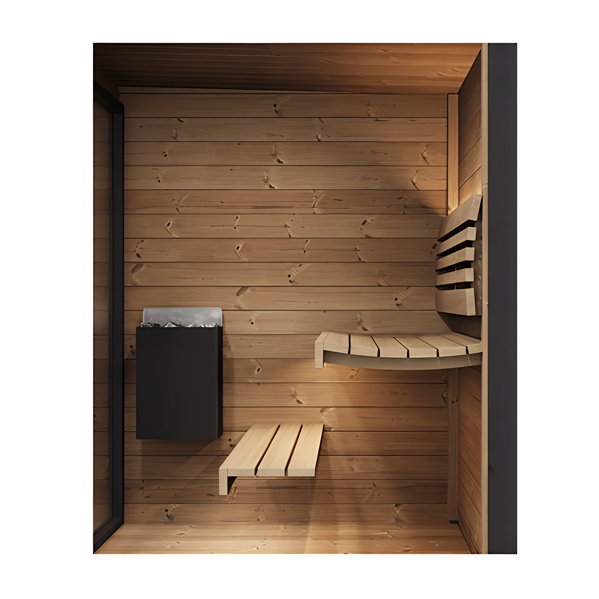 4 Person Modern Outdoor Sauna detail bench shot, GL4, Öli Saunas