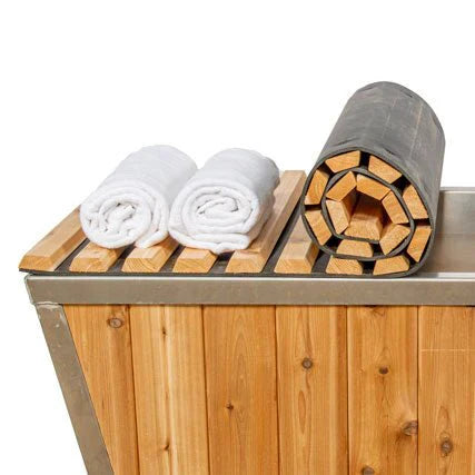 Knotty Cedar Roll Up Cover on tub showing wooden texture and craftsmanship