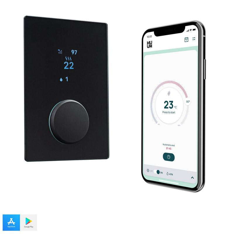 HUUM Hive Mini 10.6kW Heater, HUUM UKU Black Glass Wi-Fi Control, and Stones